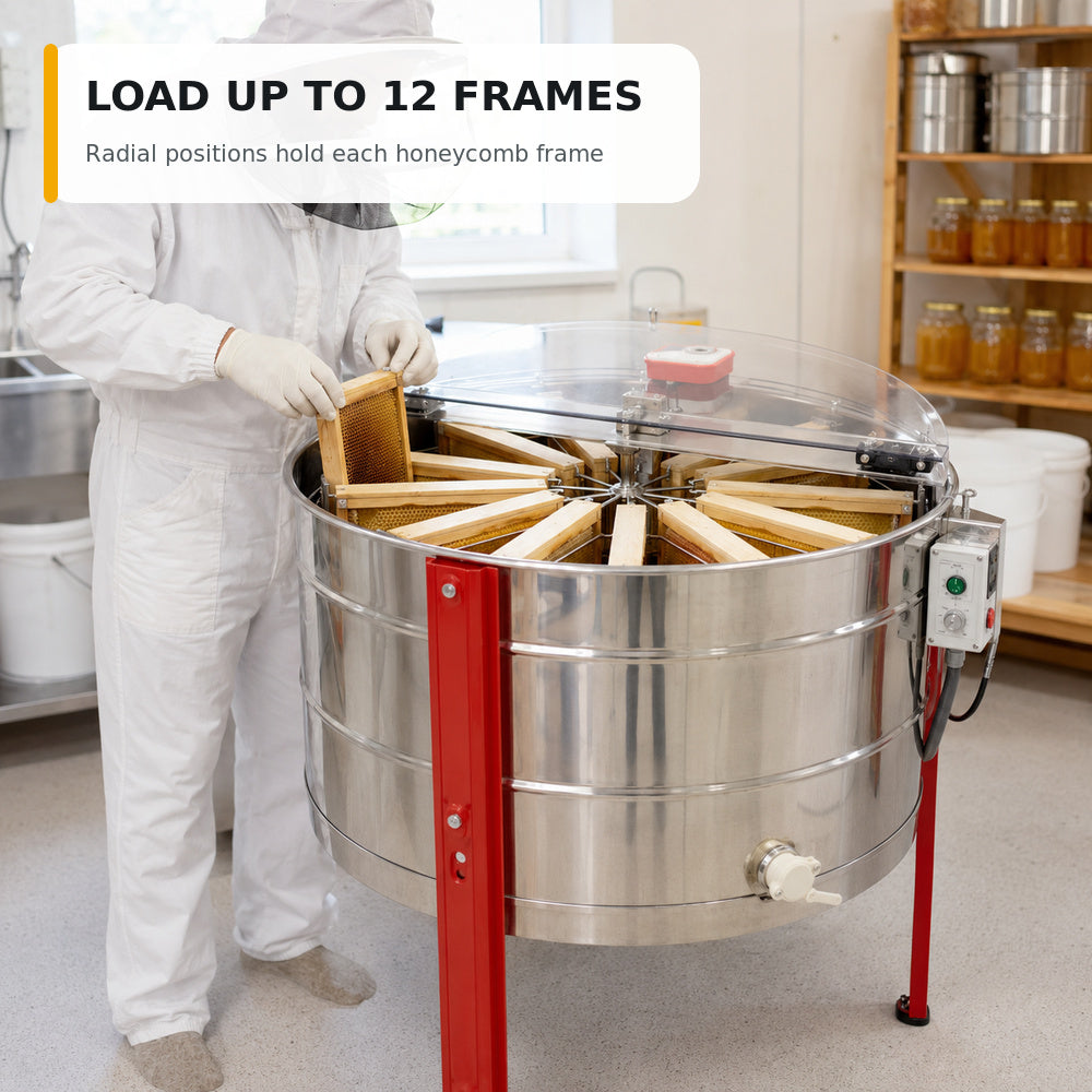 Beehive Flow-12 Frames Electrical, Stainless Steel, With Legs And Plastic Honey Gate Speed Control Frequency Converters Three Phase 220V, 550W (EX-06)