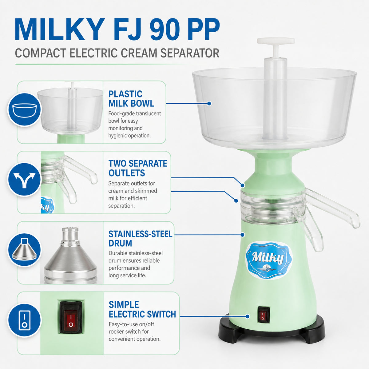 Milky Electric Milk Cream Separator with Plastic Bowl (FJ 90 PP)