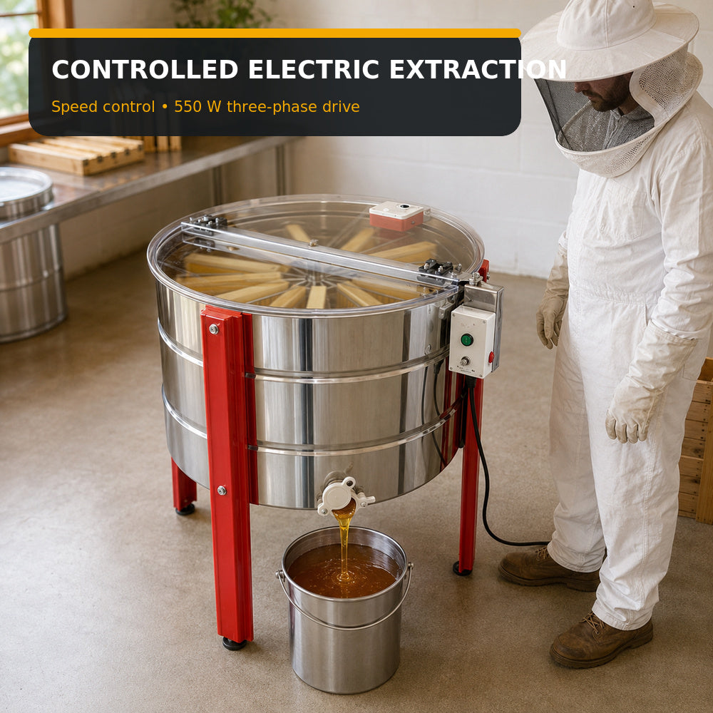 Beehive Flow-12 Frames Electrical, Stainless Steel, With Legs And Plastic Honey Gate Speed Control Frequency Converters Three Phase 220V, 550W (EX-06)
