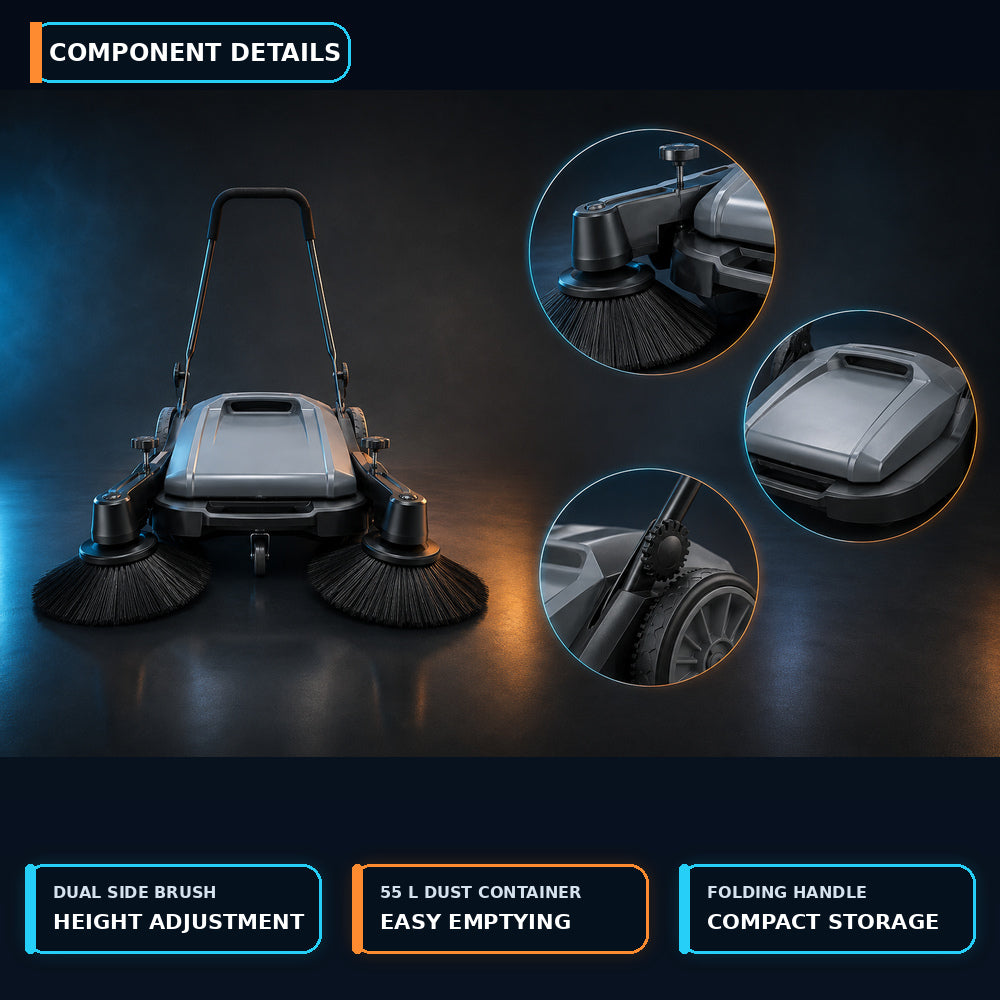 Veger Hand Push Floor Sweeping Machine, Sweeping Width 980mm / 55L Dust Container (M-2B)