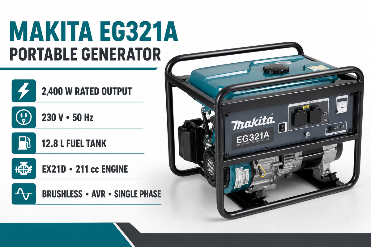 Makita Generator, 12.8 Litre, 230VAC, EX21D (211ml) Engine (EG321A)