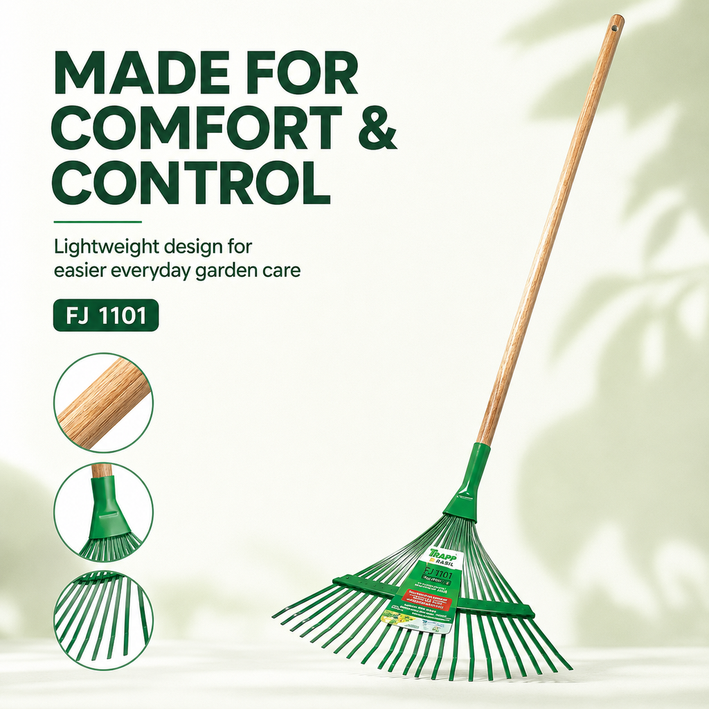 Trapp Brazil Premium Steel Rake with Wooden Handle, Leaf Rake, Garden Tool (FJ 1101)