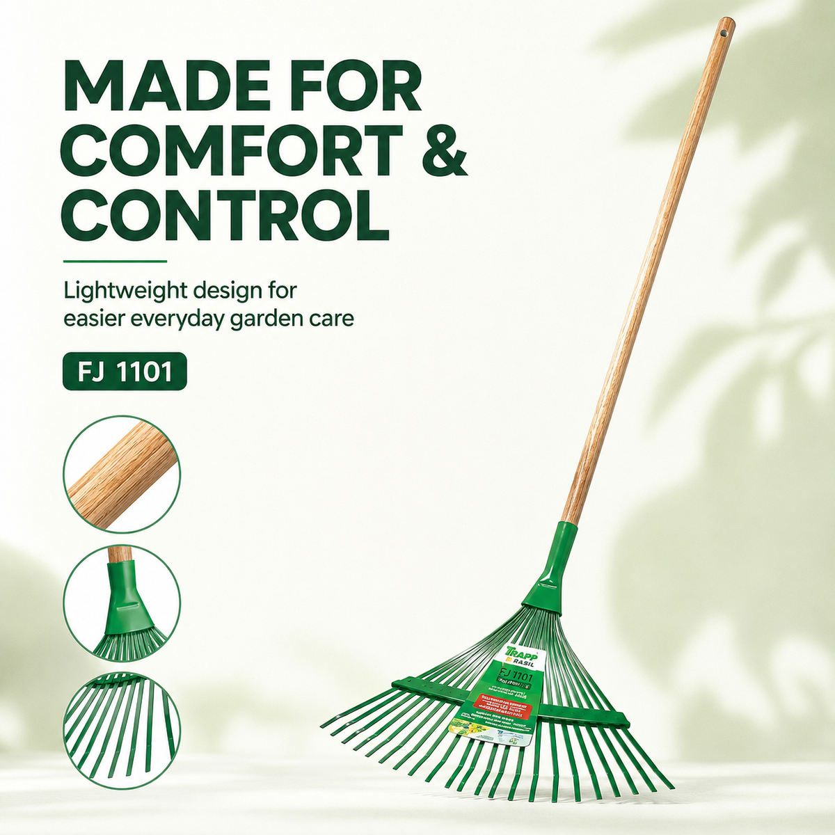 Trapp Brazil Premium Steel Rake with Wooden Handle, Leaf Rake, Garden Tool (FJ 1101)