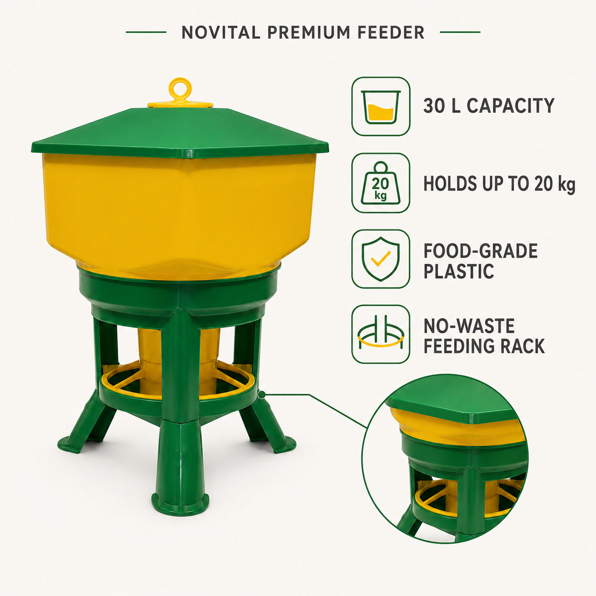 Novital Premium Chicken Feeder with Stand 30Ltr/20Kg
