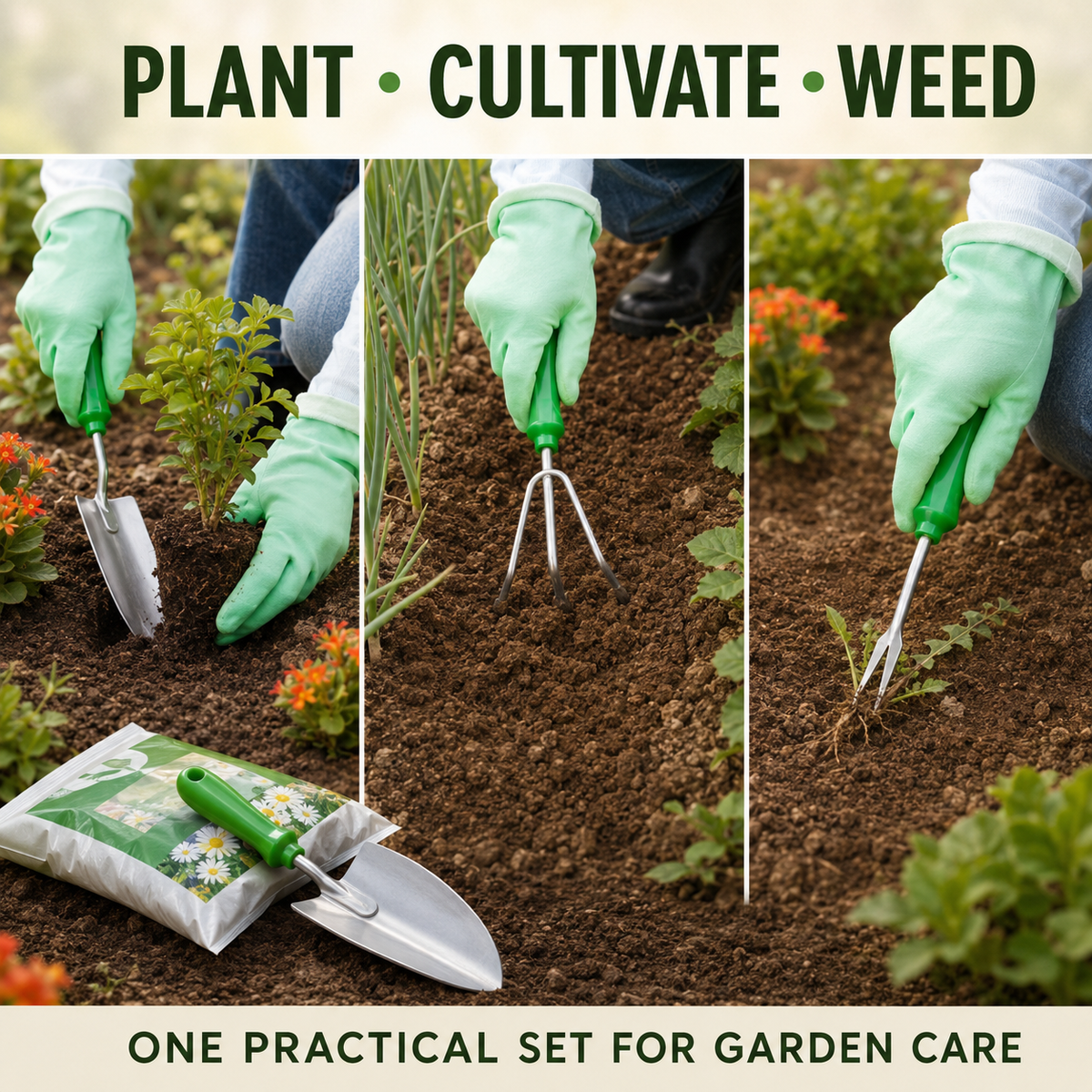 Trapp Brazil Garden Tool Set 4 Piece Garden Kit with Cultivator, Trowel, Shovel Leaf Trimmer Rake, (FJ 1201)