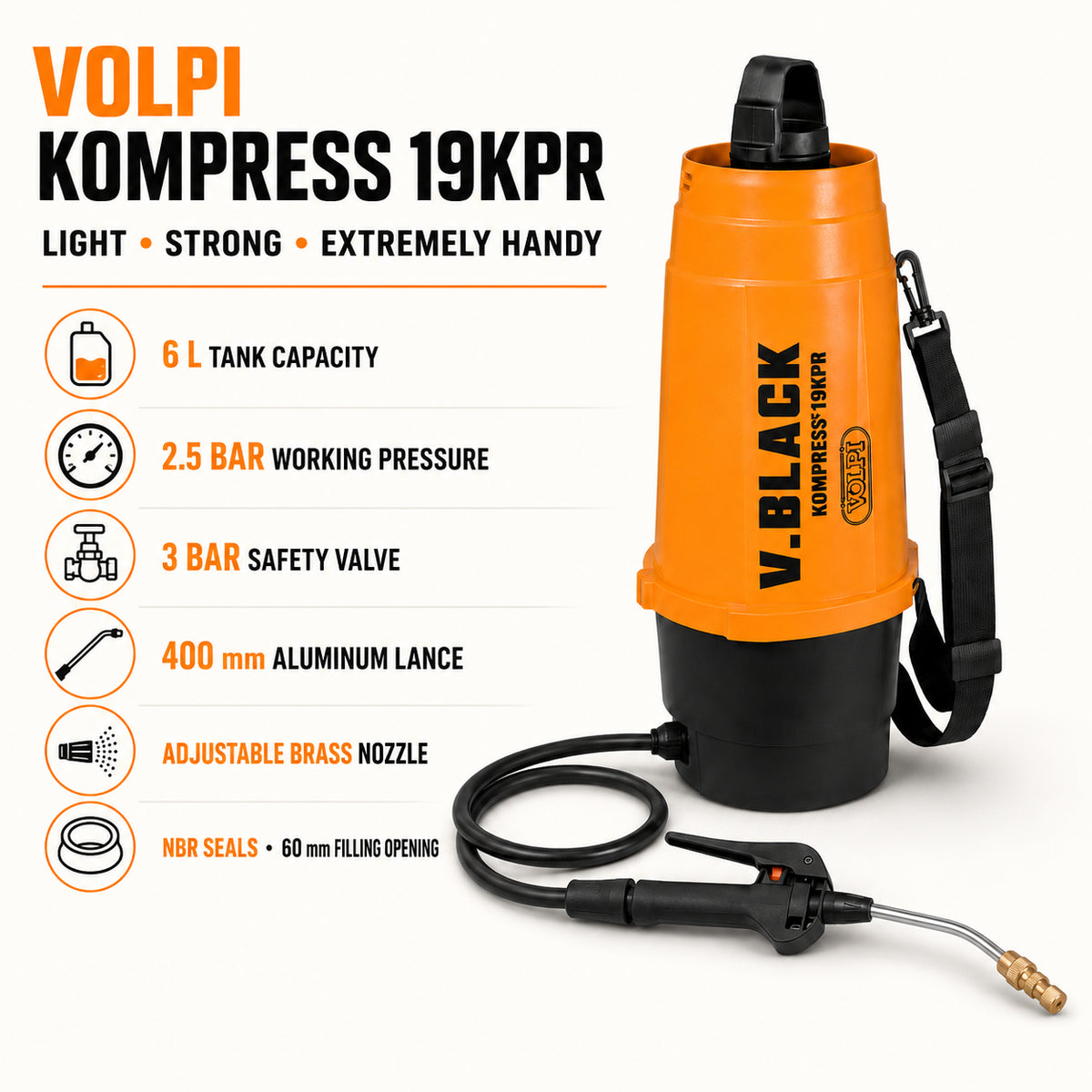 Volpi 6L High Capacity Manual Pressure Sprayer Suitable For Disinfection, Sterilization, Agricultural - Indoor/Outdoor Use (19KPR)