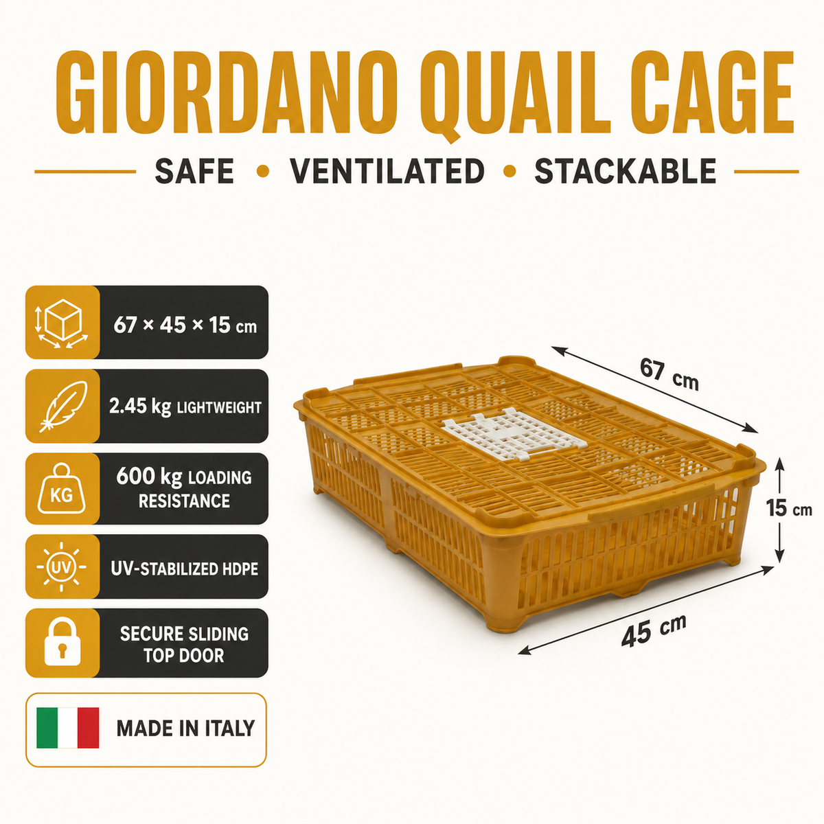 Giordano Bird Cage for Quail and other Similar Birds, Portable Bird Cage, Premium Birds Carrier, 67x45x15 cm (Made in Italy)