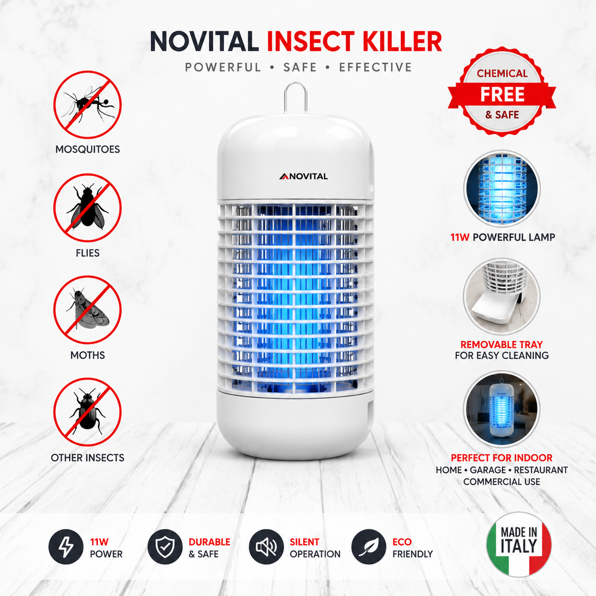 Novital Insect Killer with 11W Lamp, Electric Insect Trap, Mosquito Killer for Indoor / Garage / Restaurant / Commercial Use