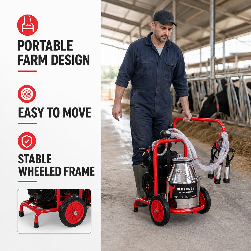 Melasty 30L Electric Single Milking Machine for Cow, Portable Stainless Steel Farm Milking Machine