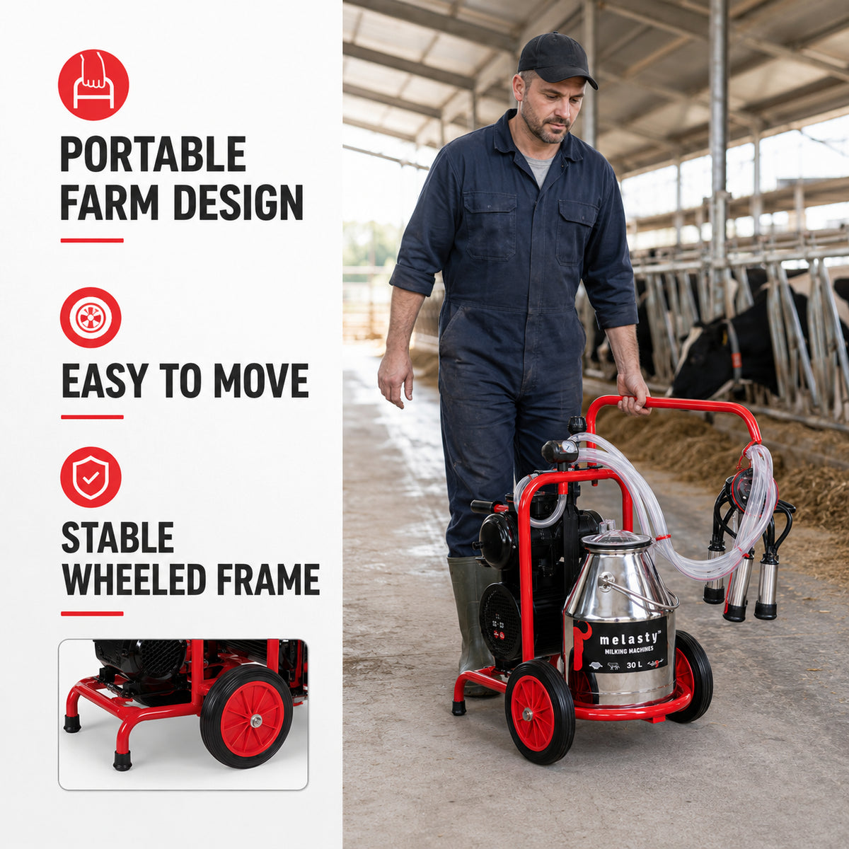 Melasty 30L Electric Single Milking Machine for Cow, Portable Stainless Steel Farm Milking Machine