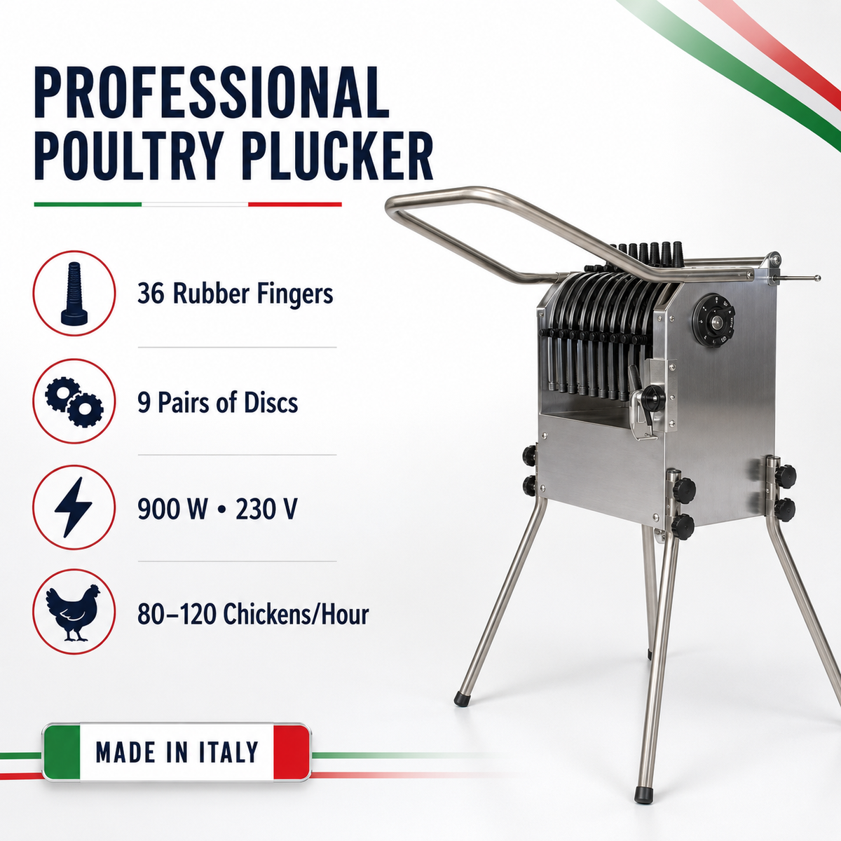 De-Feather Machine, Plucker Machine, Feather Removing Machine for Chicken & All Other Similar Birds (Made in Italy)