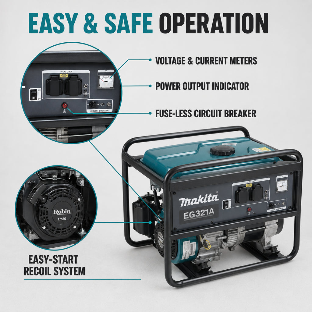 Makita Generator, 12.8 Litre, 230VAC, EX21D (211ml) Engine (EG321A)