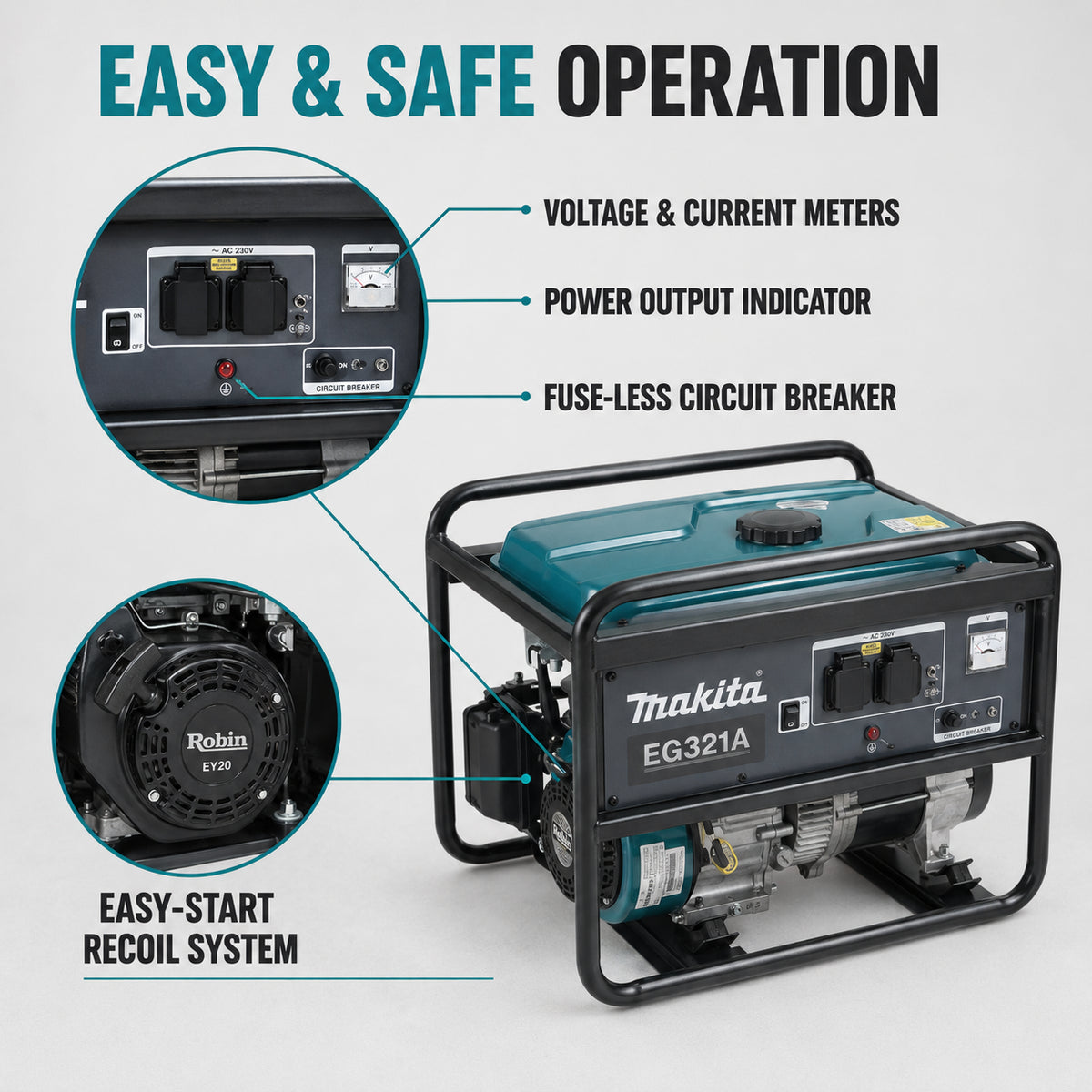 Makita Generator, 12.8 Litre, 230VAC, EX21D (211ml) Engine (EG321A)