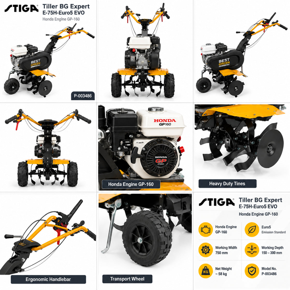 STIGA Tiller BG Expert E-75H-Euro5 EVO, Honda GP-160 Engine, 750 mm Working Width, 150–300 mm Working Depth, Heavy-Duty Garden Cultivator