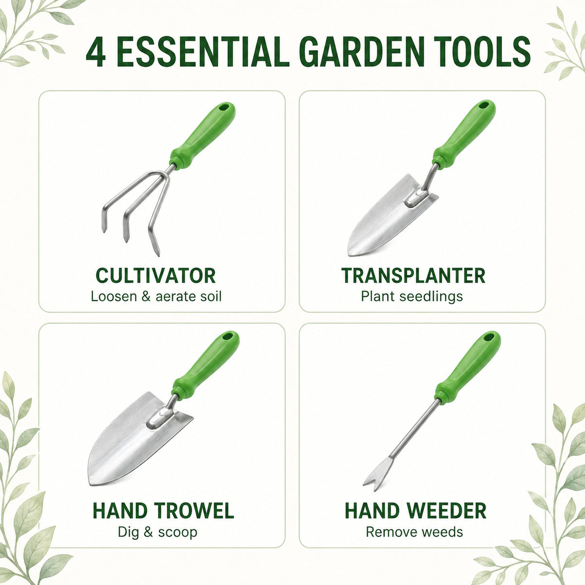 Trapp Brazil Garden Tool Set 4 Piece Garden Kit with Cultivator, Trowel, Shovel Leaf Trimmer Rake, (FJ 1201)