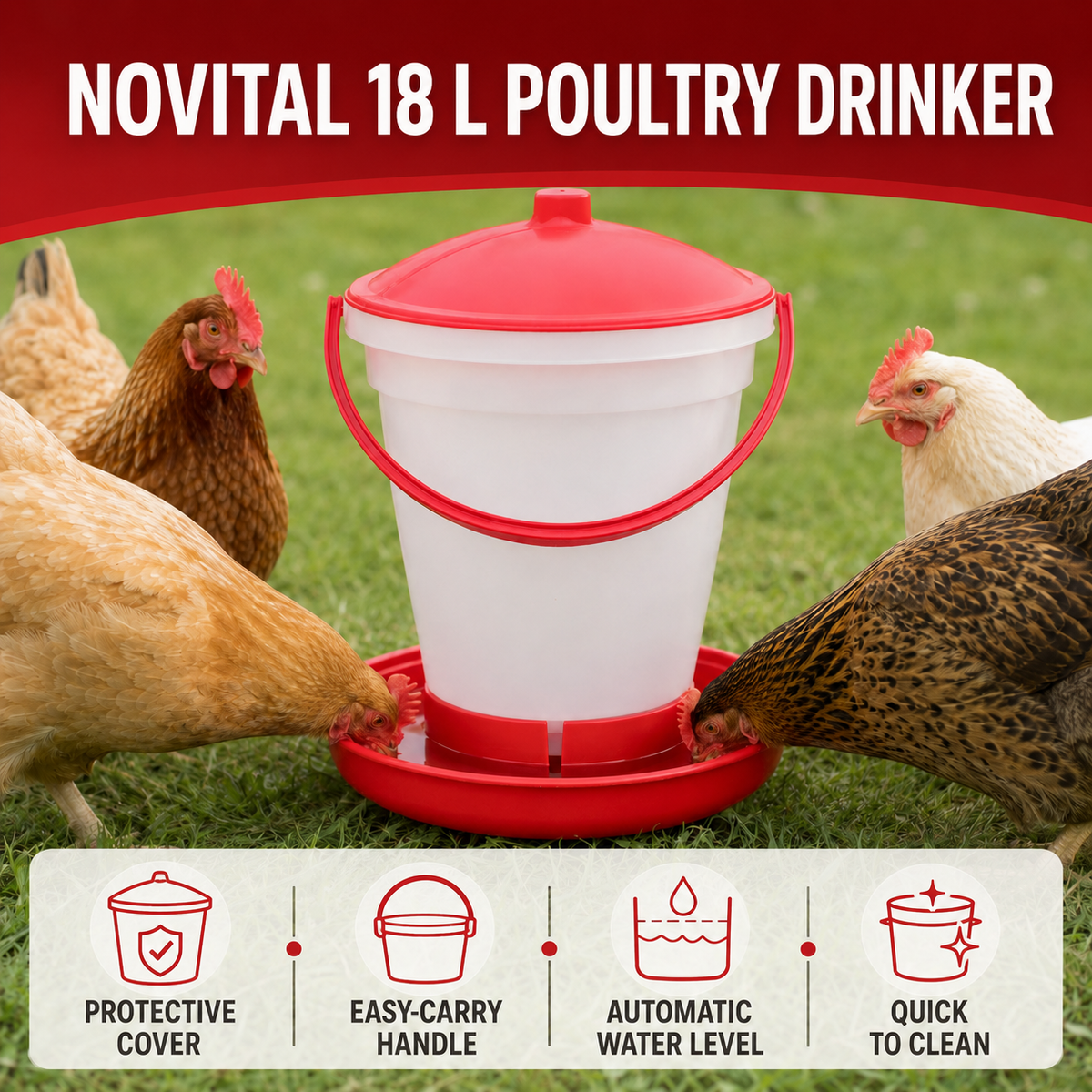 Novital 18 Liter Heavy Duty Chicken Drinker Rapid Clean Poultry Bird Drinker