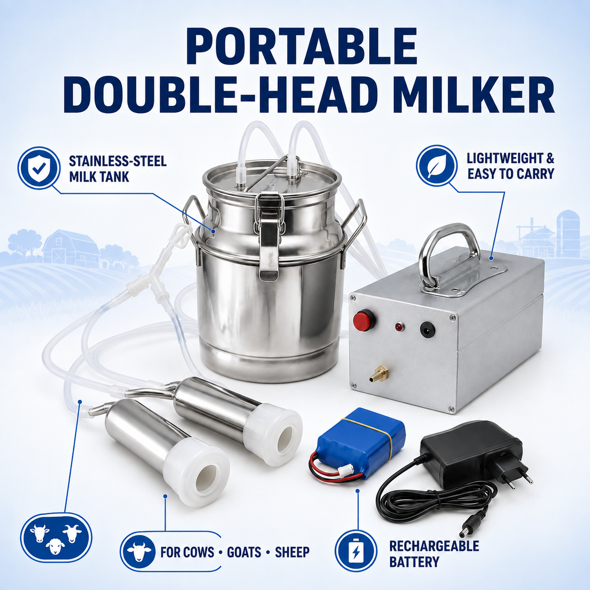 Electric Mini Portable Milking Machine for Sheep, Goat, Cow Milking Machine Mini type Portable Stainless Steel Double Head Milker