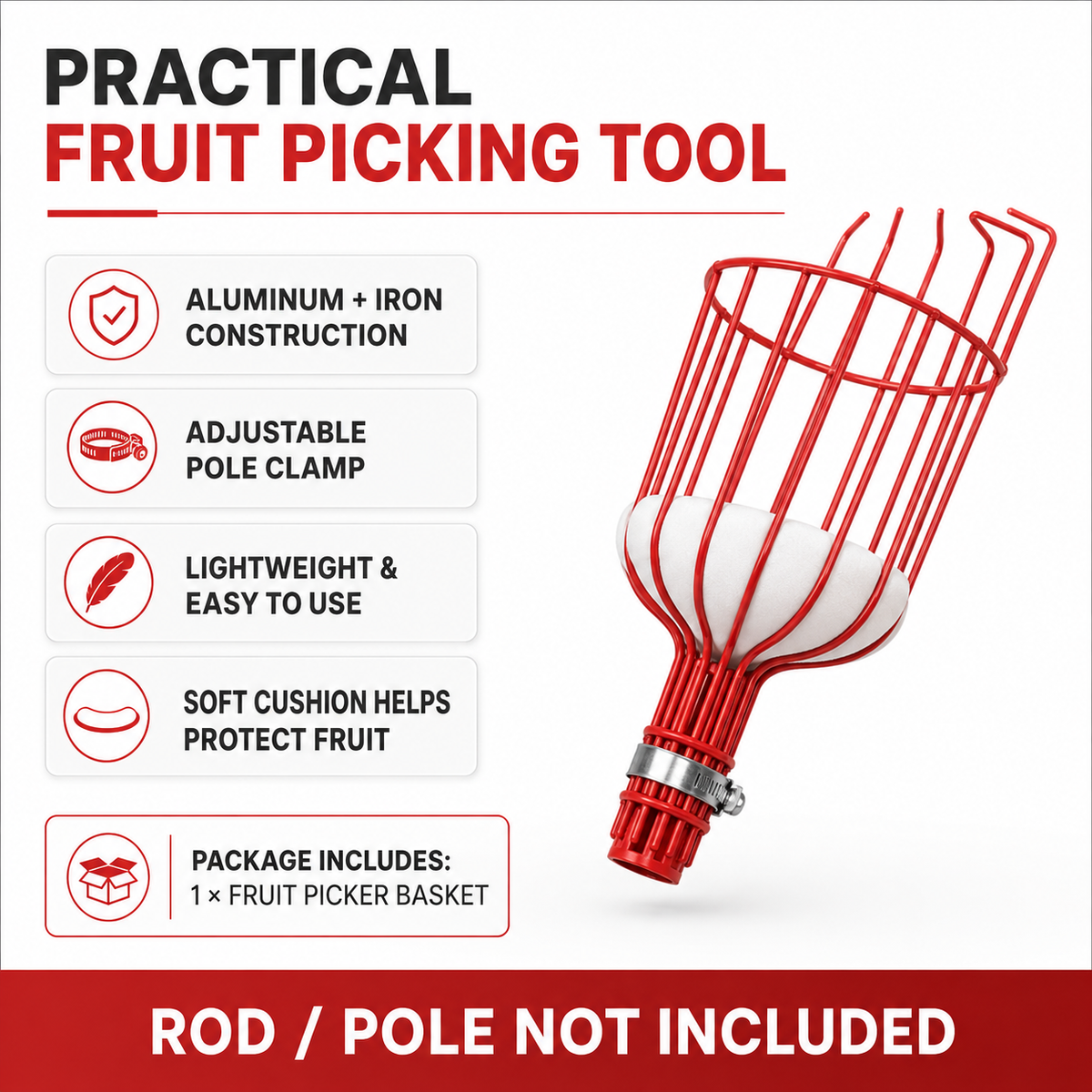 Fruit Picker Harvester Basket Gardening Apple Pear Peach Picking Tools With Cushion To Prevent Bruising