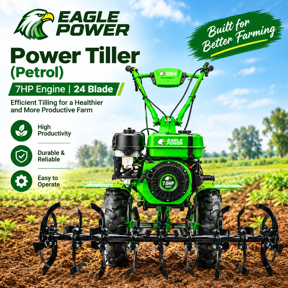 Eagle Power Tiller Petrol 7HP Engine, 24 Blades, Heavy-Duty Farm Cultivator, Gasoline Agricultural Tiller for Farm & Home Use